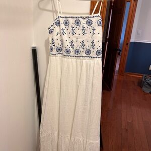 Lulu's White Maxi Dress with Blue Embroidery